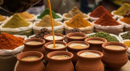Fototapeta premium Pouring Hot Beverage Into Pottery Cups at Outdoor Spice Market