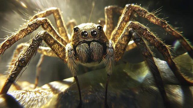 A spider with golden light. Blurry background of a brown spider. Tarantulas glare at the light from a stone. A spider glowing with golden light lifestyle.