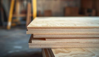 A stack of smooth plywood boards rests in a well-lit workshop, ideal for various construction or crafting activities. The wood's grain highlights its quality and potential uses