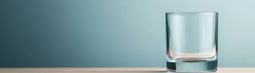 A minimalist image features a single glass on a wooden surface against a blue backdrop.