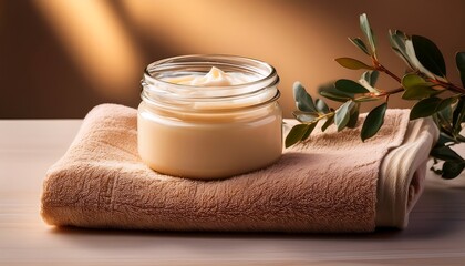 A soft towel folded beside a jar of homemade body butter.