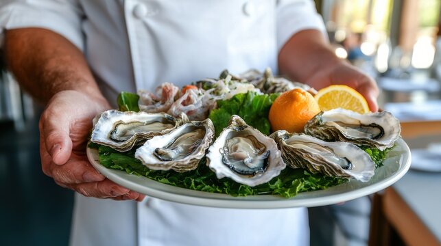 A chef presenting a plate of fresh oysters garnished with green leaves and lemon.