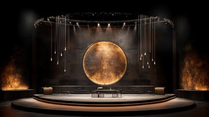 Dark stage with circular backdrop,  illuminated table, and hanging lights