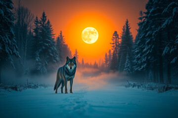 Lone Wolf with Intense Gaze in a Snowy Forest at Dusk, Illuminated by a Full Moon, Capturing the Mystique and Power of the Wild