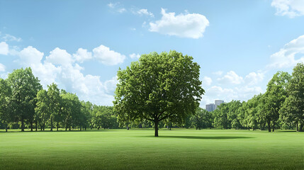 Green Park Landscape With Single Large Tree Under Sunny Sky