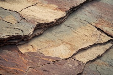 Naklejka premium Layered rock formation with various shades of brown, beige, and gray, showcasing natural texture and cracks.