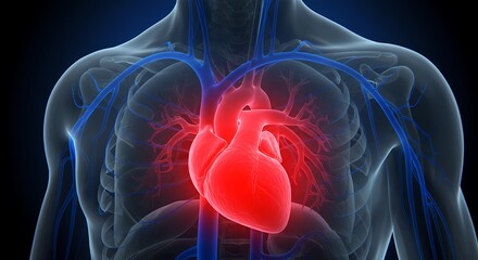 Human heart illustration with blood vessels in the chest area view