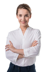 Woman in a white shirt crossing arms, smiling confidently, isolated on a white background. Concept...