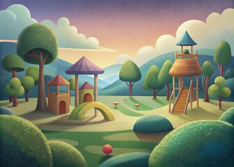 A whimsical sunset playground scene with charming wooden structures and lush greenery under a soft evening sky.