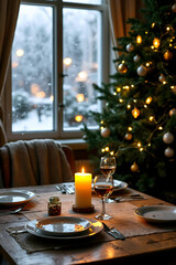 Christmas Dinner Table by the Window with Candlelight
