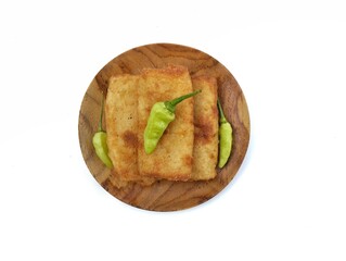 Risol or Indonesian typical traditional food on plate isolated on white background, Top view 