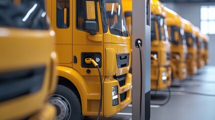 Electric Charging Stations for Yellow Commercial Trucks in Warehouse