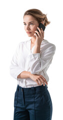 Confident woman in formal attire talking on phone, isolated on white background. Professional...