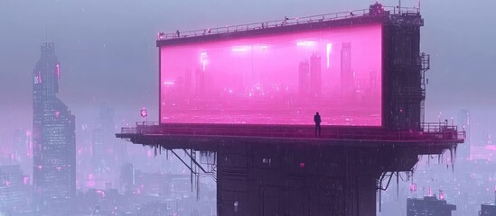 A futuristic cityscape features a gigantic illuminated billboard display