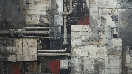 Carpet with rough, industrial elements resembling old metal panels and pipes in muted tones