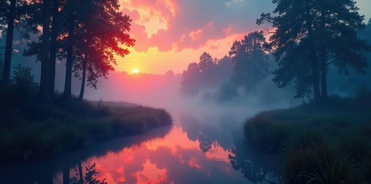 Shimmering rainbow waves in a misty forest at dusk, trees, shimmer