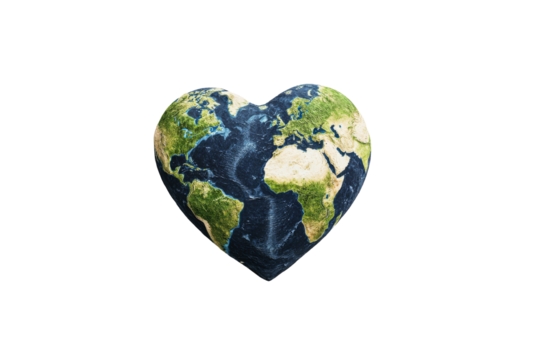 Heart-shaped earth globe with detailed continents, cut out transparent
