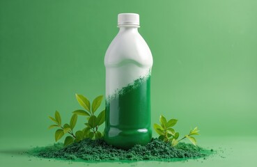 White plastic bottle partly painted green on green background with leaves, green powder. Greenwashing concept about fake eco-friendly products, false environmental claim.