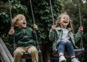 Two carefree children joyfully soaring on a swing set, their laughter echoing through a lush green park, bathed in soft sunlight.