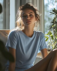 Portrait of a Young Woman with Curly Hair in a Sunlit Room