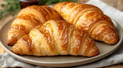 Three delicious golden brown croissants displayed on a plate