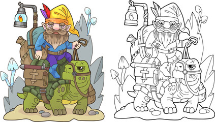 funny gnome rider riding a turtle, coloring book