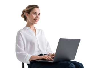 Professional woman in white blouse using a laptop while sitting. Isolated on white background. Concept of business, remote work, technology, or corporate