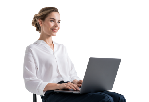 Professional woman in white blouse using a laptop while sitting. Isolated on white background. Concept of business, remote work, technology, or corporate