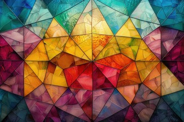 Colorful stained glass mosaic with detailed geometric designs creating a luminous, kaleidoscopic visual effect