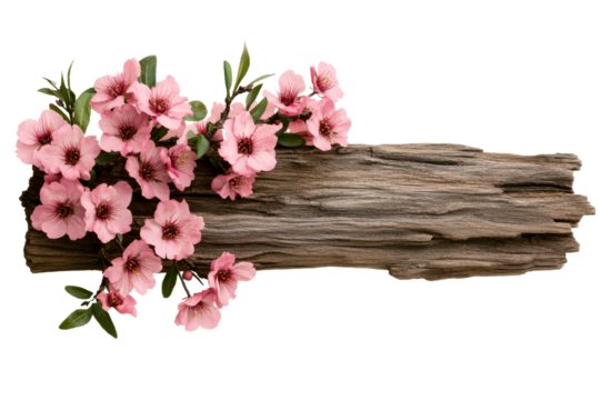 Almond flowers and old wood background frame, cut out transparent