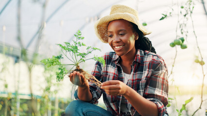 Greenhouse, gardening and black woman with nature, smile and pride with agriculture. African...