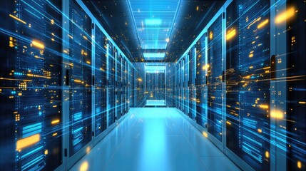 A futuristic data center with glowing server racks and digital data streams, symbolizing high-speed networking, cloud computing, and cybersecurity. Ideal for IT and AI concepts