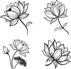 Obraz premium Vector illustration of four black and white lotus flowers accompanied by leaves, forming a logo icon set