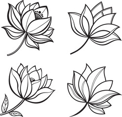Fototapeta premium Vector illustration of four black and white lotus flowers accompanied by leaves, forming a logo icon set