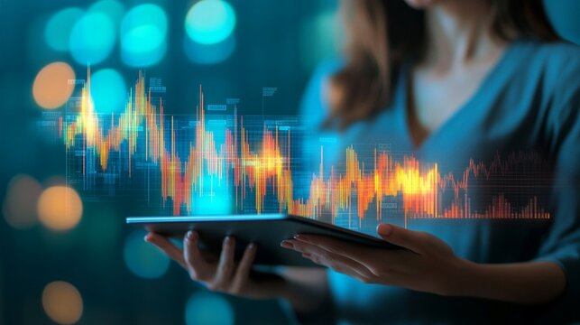 Innovative financial technology visualization with holographic stock market graphs emerging from a digital tablet, showcasing data analysis and investment trends in a futuristic blue-toned environment