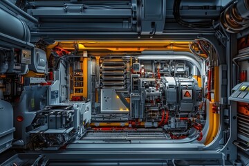 Intricate futuristic machinery, complex internal workings, glowing orange accents, sci-fi technology.