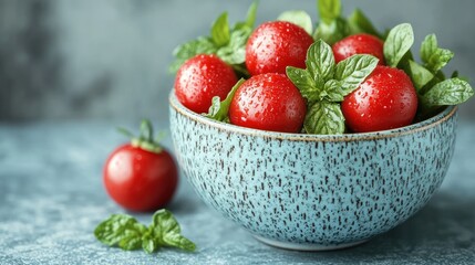 Juicy red tomatoes and fresh mint leaves in a bowl