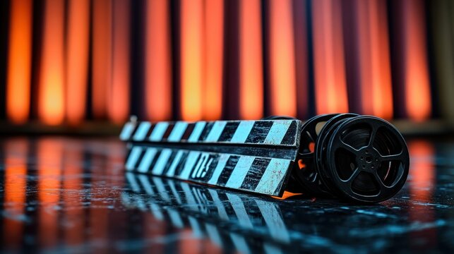 Film clapperboard and reel on stage floor