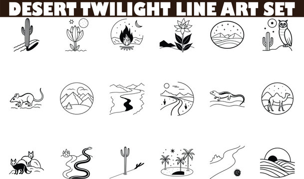 Desert Twilight Line Art Set Cactus, Animals, Plants, Landscapes