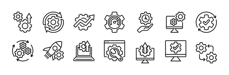 Optimization technology thin line icon set. Containing automated process development, progress, update, upgrade, speed, efficient time, setup, startup, performance, website, operation, machine vector