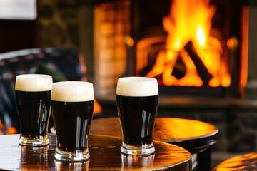 Pints Of Dark Beer By Cozy Fireplace