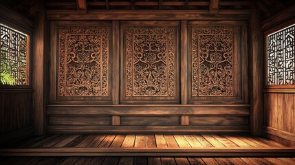 Carved wooden pavilion interior, sunlight, intricate design