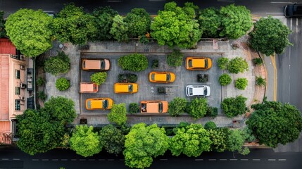 Aerial view of a parking lot surrounded by lush green trees
