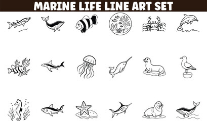 Marine Life Line Art Set Ocean Animals, Fish, and Sea Creatures