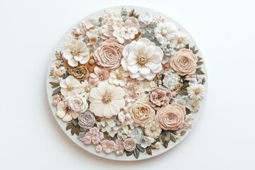 A round floral artwork featuring various pastel-colored flowers in a textured, embossed style.