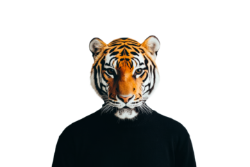 Tiger head with a black turtleneck sweater, cut out transparent