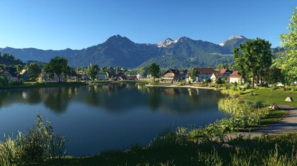 Fototapeta premium Serene mountain village reflected in tranquil lake at sunrise