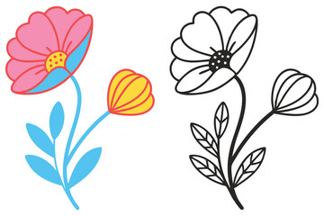 Floral Design Illustration Two Color Variations Simple Flowers Line Art Graphic Design Element