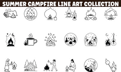 Fototapeta premium Summer Campfire Line Art Collection Icons, Graphics, Designs