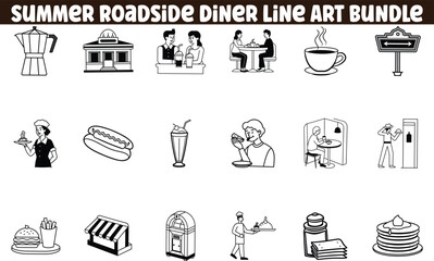 Summer Roadside Diner Line Art Bundle Icons and Graphics